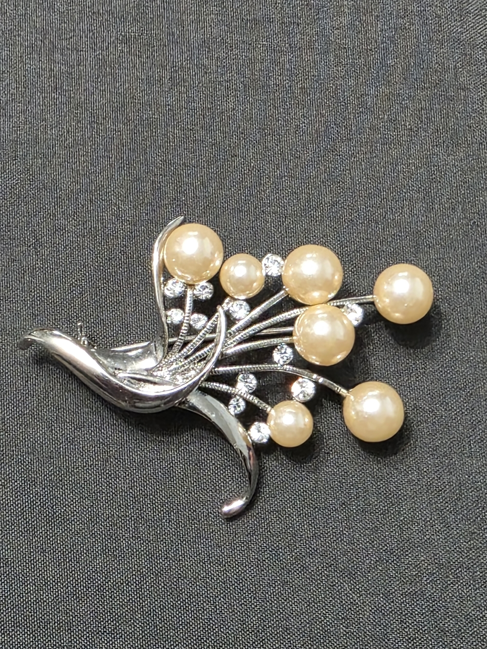 Estate Silver-Tone Vintage Brooch With Faux Pearl Clusters - 258